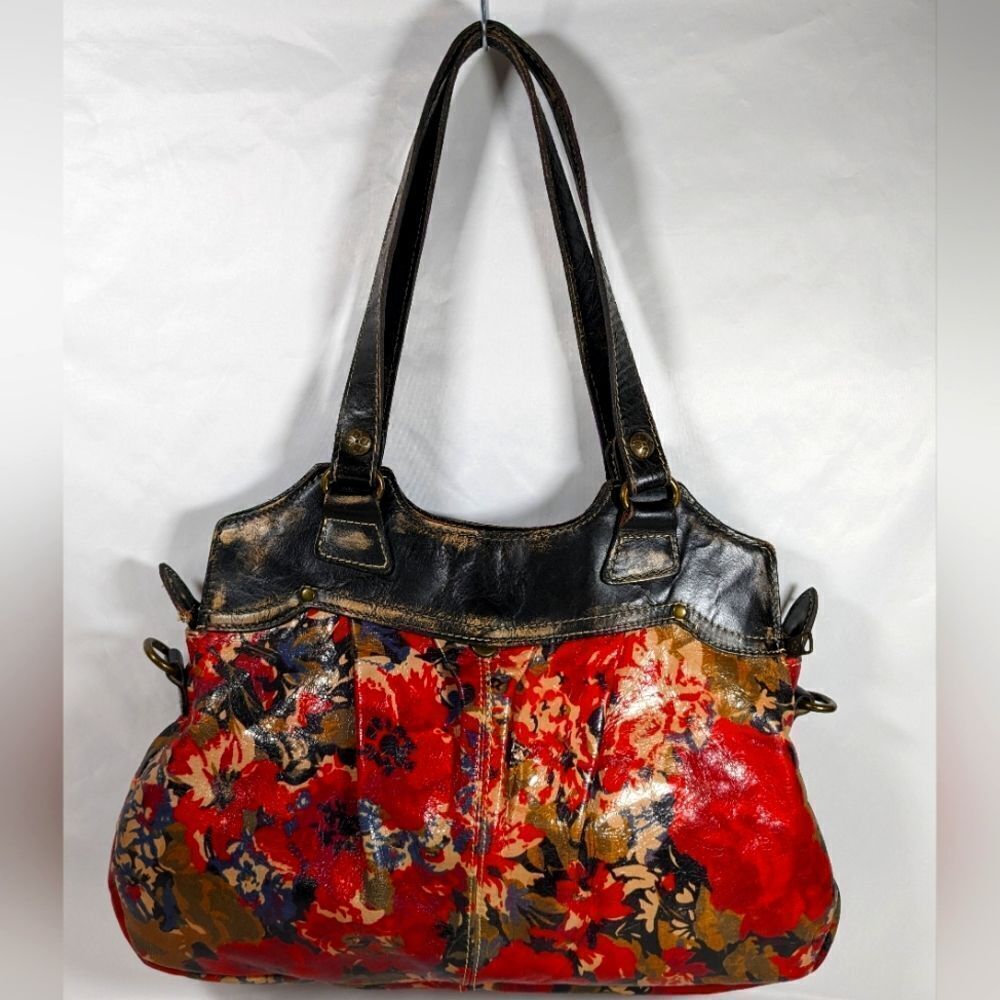 Patricia Nash Distressed Italian Leather Red Floral Print Ferrara Shoulder Bag.